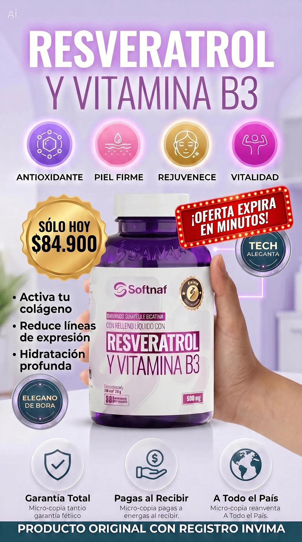 Resveratrol Y Vitamina B3 Cubierta De Gelatina Con Relleno Liquido $84.900