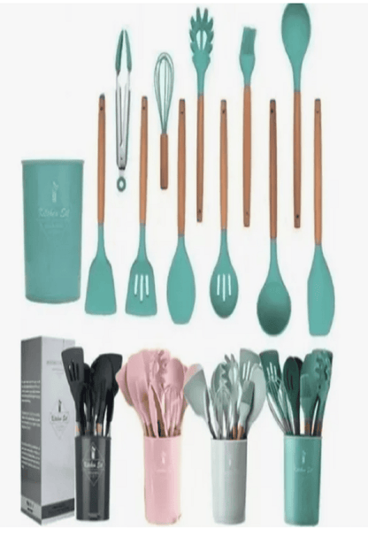 Cubiertos En Silicona, Espátula Con Mango De Madera X 12